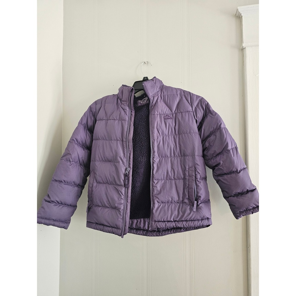LL Bean Kids DownTek Puffer Jacket Purple Fleece Lined Hooded M 10-12 505067